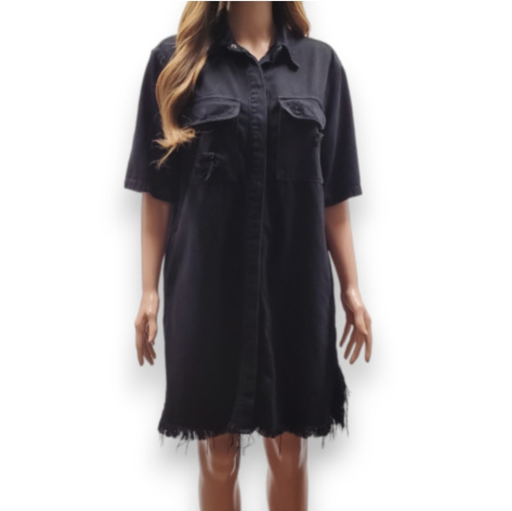 Hidden Jeans Black Denim Distressed Frayed Shirt Dress Snap Front Pockets